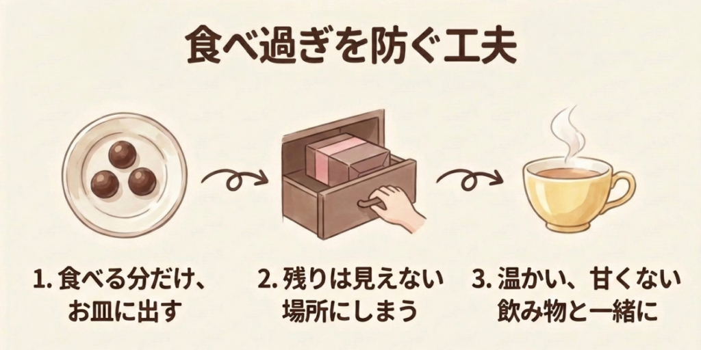食べる分だけ皿に出し、残りを見えない場所にしまい、温かい無糖の飲み物と楽しむ3つの工夫