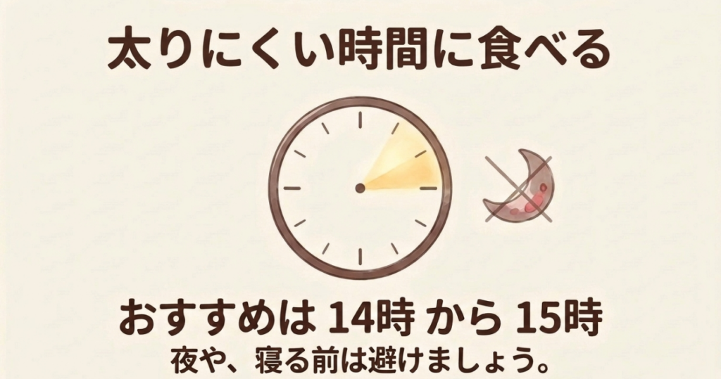 チョコボールを食べる時間は14時から15時を目安とし、夜や寝る前は避けると示した時計の図