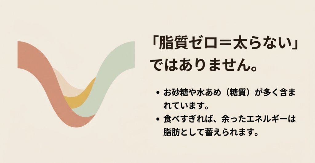 脂質ゼロでも砂糖や水あめ由来の糖質を食べ過ぎると余ったエネルギーが脂肪として蓄えられる