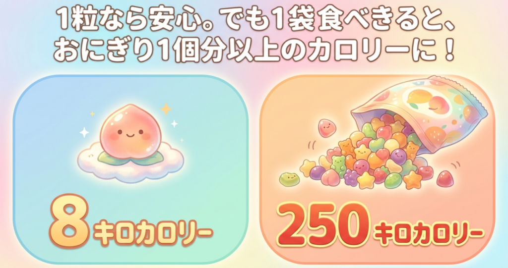 カンデミーナグミの1粒約8kcalと1袋約250kcalを比較し、完食するとおにぎり1個分以上になることを示した図