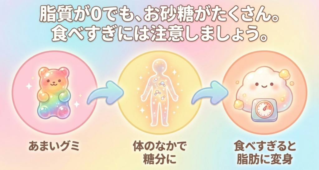 脂質が0gでもグミの糖分を摂り過ぎ、余剰エネルギーが続くと体脂肪の蓄積につながることを示した図