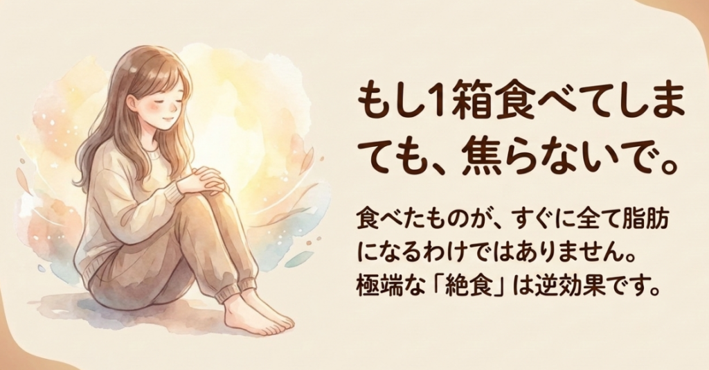 きのこの山を一箱食べた後も焦らず、翌日の絶食など極端な調整を避けようと伝えるイラスト