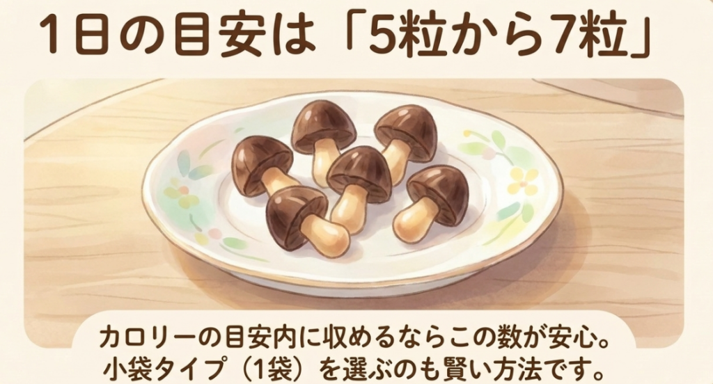 皿に盛ったきのこの山と、一日の間食量を考える際は5〜7粒から始めるという目安を示したイラスト
