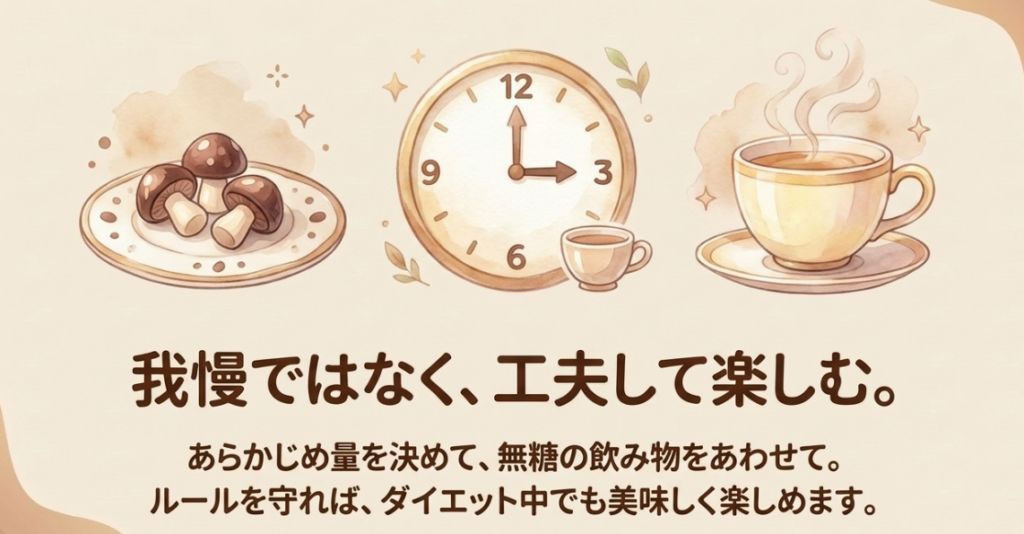 小皿に取ったきのこの山、時計、温かい飲み物とともに、食べる量を決めて楽しむ方法をまとめたイラスト