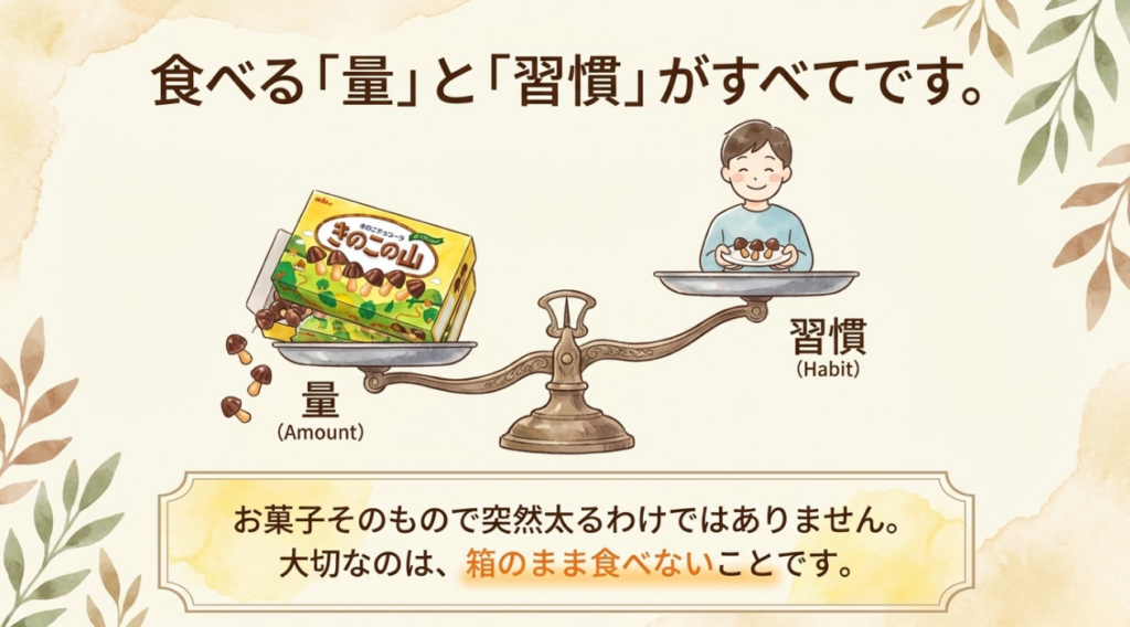きのこの山の箱と少量を皿に取って食べる人を天秤に載せ、食べる量と習慣の大切さを表したイラスト
