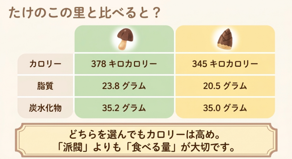 きのこの山とたけのこの里を比較した表。1箱あたりのカロリーはそれぞれ378kcalと345kcalで、脂質と炭水化物の量も示している