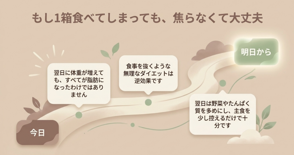 一箱食べた翌日は食事を抜かず、通常の食事に戻して野菜やたんぱく質を取り入れる流れを示す図