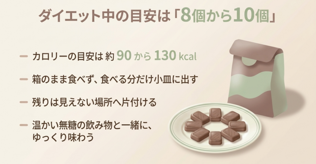 ダイエット中の一回量として8〜10個を小皿に取り分け、無糖の飲み物とゆっくり楽しむ方法を示す図