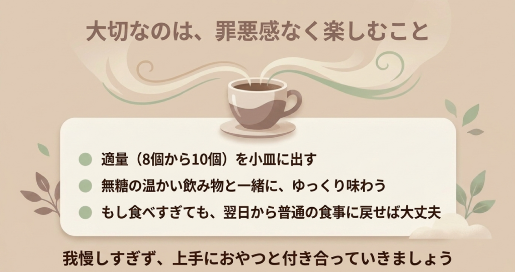 一回8〜10個を小皿に出し、無糖の飲み物と楽しみ、食べすぎても翌日から普段の食事に戻すポイントをまとめた図