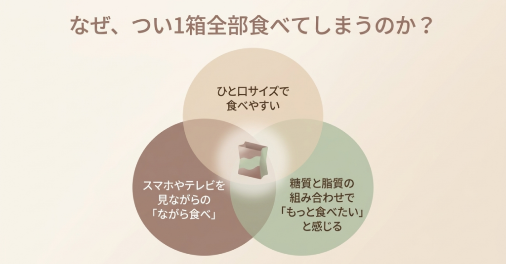 一口サイズで食べやすいこと、ながら食べ、甘さと脂質のおいしさが重なり、食べすぎにつながる様子を示す図