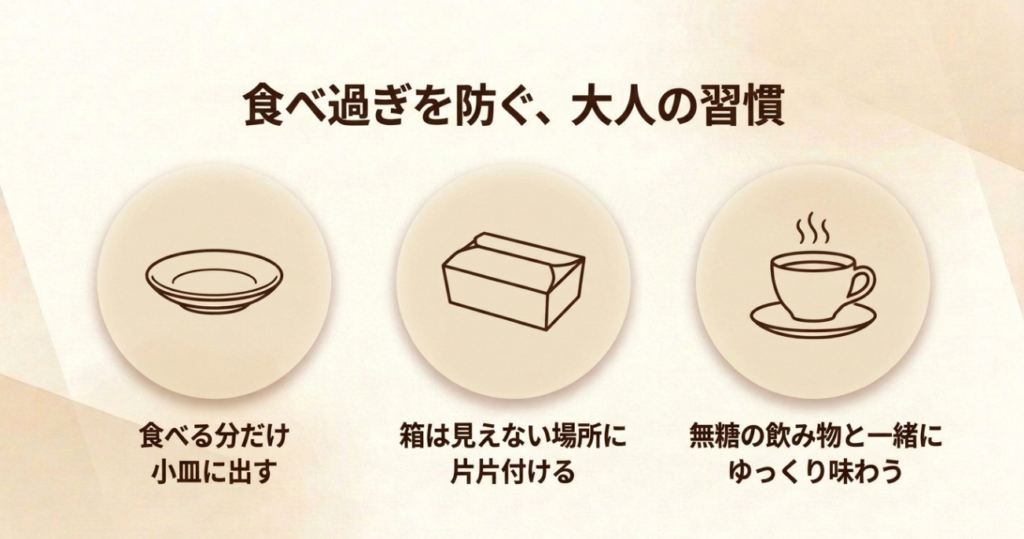 食べる分を小皿に出す、箱を片付ける、無糖の飲み物と一緒にゆっくり味わうという3つの工夫