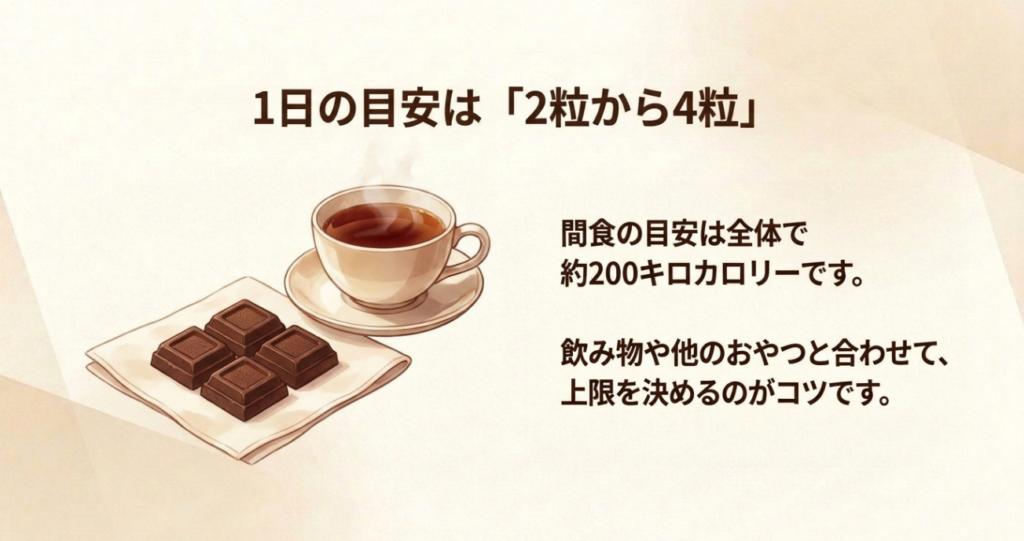 LOOKをまず2〜4粒取り分け、飲み物やほかのお菓子も含めて間食全体の量を考える方法