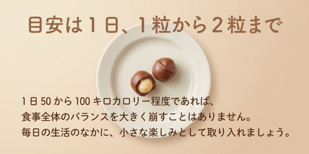 ダイエット中はマカダミアナッツチョコレートを1日1〜2粒、約50〜100kcalに収める目安