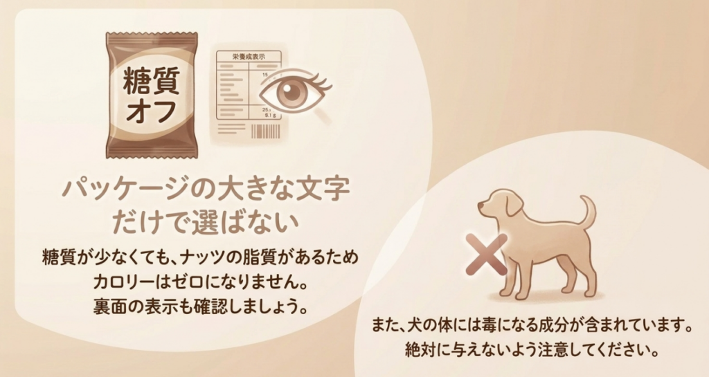 糖質オフでもカロリーゼロではないため栄養成分表示を確認し、犬には絶対に与えないよう注意を促す図