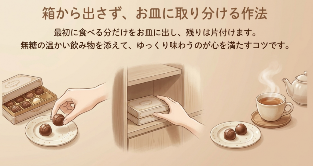 最初に食べる分だけ小皿へ取り分け、残りの箱を棚へ戻して温かい無糖飲料と味わう方法
