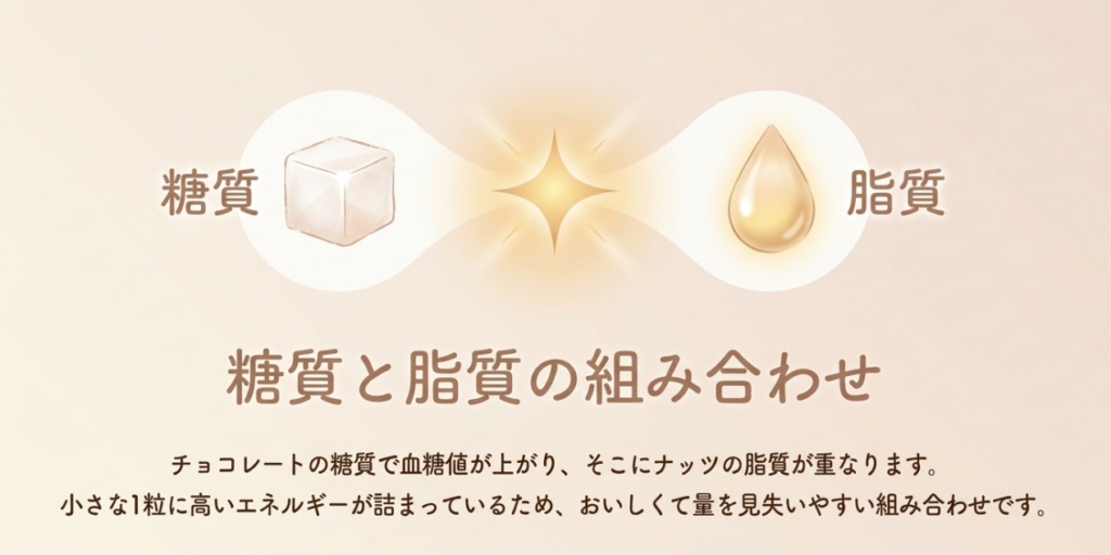 チョコレートの糖質とナッツの脂質が重なり、小さな1粒でも高エネルギーになる仕組みを示した図