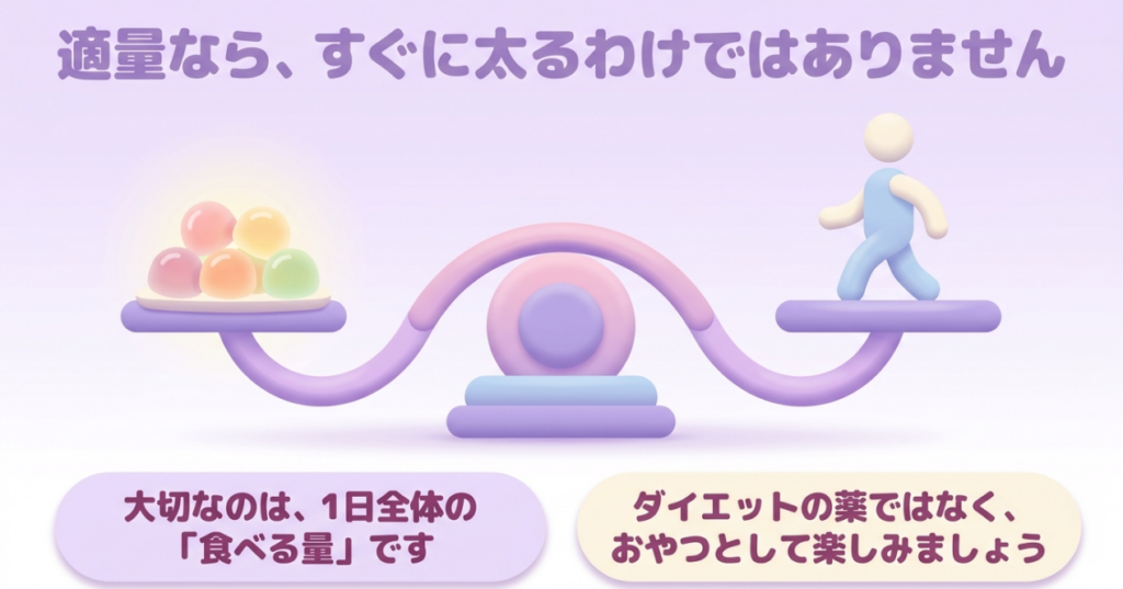 忍者めし鉄の鎧で太るかどうかは1日全体の摂取量で決まり、適量ならすぐに太るとは限らないことを示した図