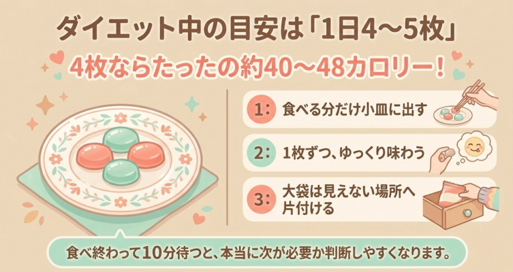 ペタグーグミを一日4〜5枚の目安で小皿に取り分け、一枚ずつ味わい、残りの袋を片づける手順。4枚のカロリーは約40〜48kcal。