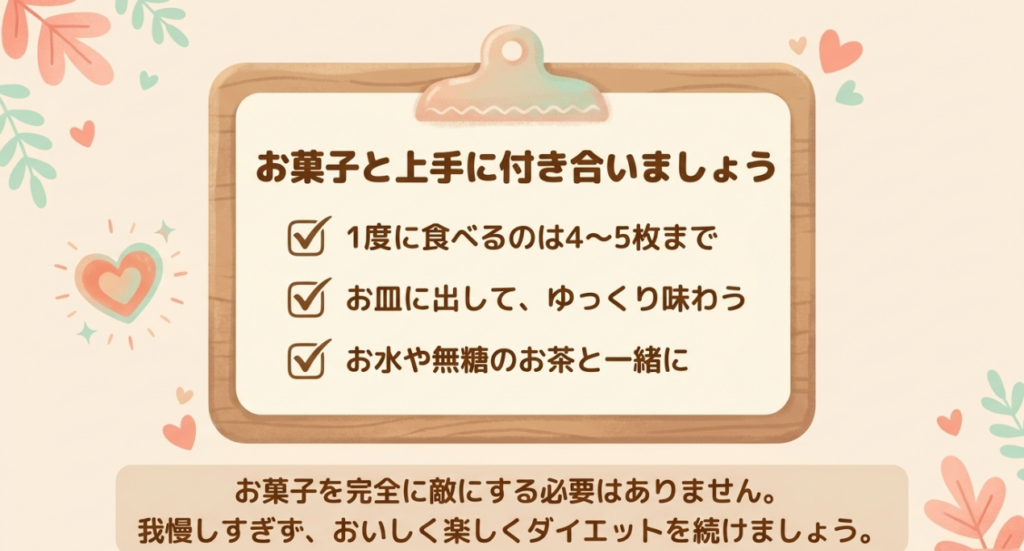ペタグーグミを4〜5枚取り分け、小皿に出してゆっくり味わい、水や無糖のお茶と一緒に楽しむ三つのポイントをまとめたチェックリスト。