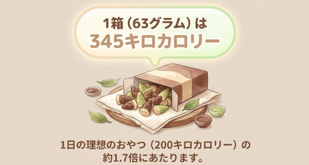 たけのこの里1箱63gは345kcalで、1日の間食目安200kcalの約1.7倍と示した図