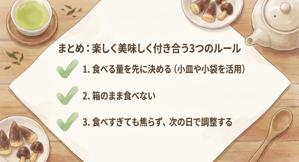 食べる量を先に決める、箱のまま食べない、食べ過ぎても焦らず調整するという3つのルール
