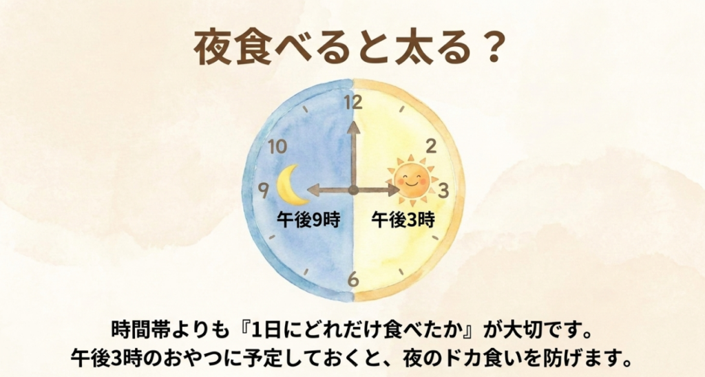 たけのこの里は食べる時間帯だけでなく1日の摂取量が大切で、午後のおやつとして予定する方法を示した図