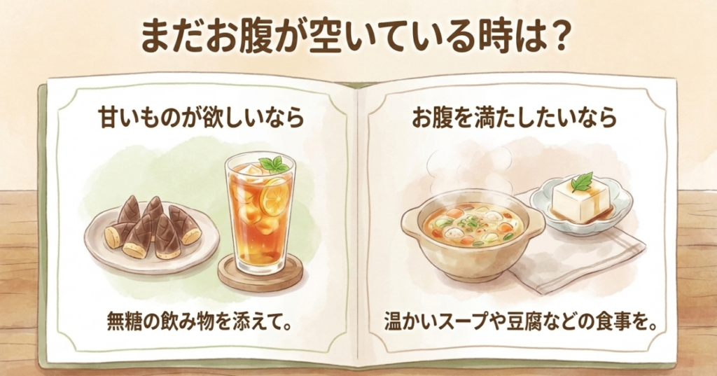 甘いものが欲しいときはたけのこの里と無糖飲料、空腹を満たしたいときは温かいスープや豆腐を選ぶ図