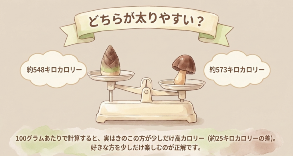 たけのこの里は100gあたり約548kcal、きのこの山は約573kcalで、差は約25kcalと比較した図