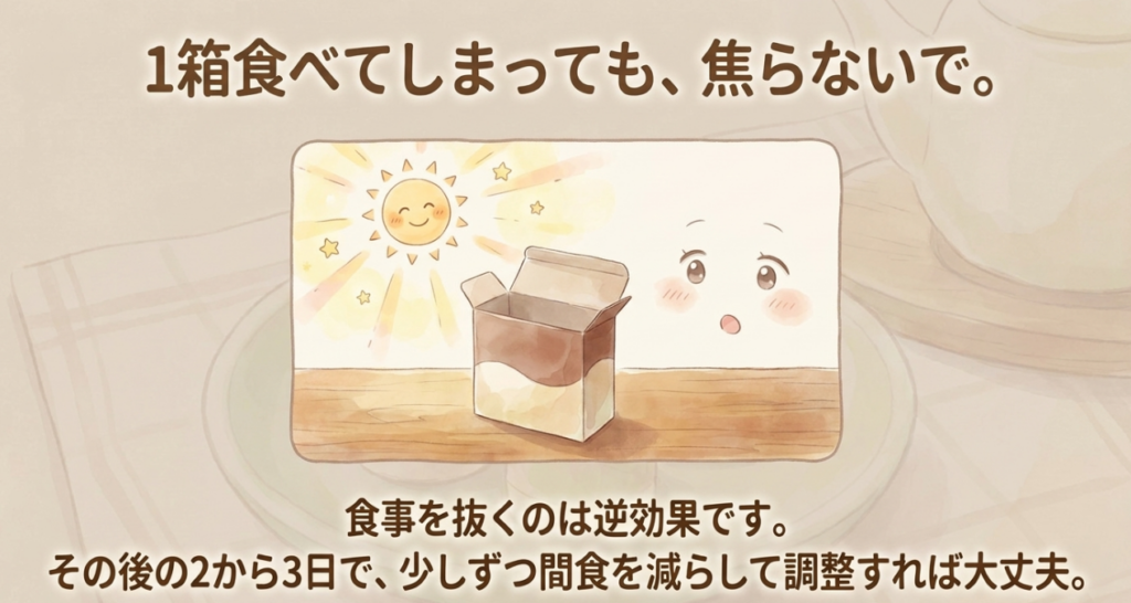 たけのこの里を1箱食べても食事を抜かず、その後の数日で間食を少しずつ調整する考え方を示した図
