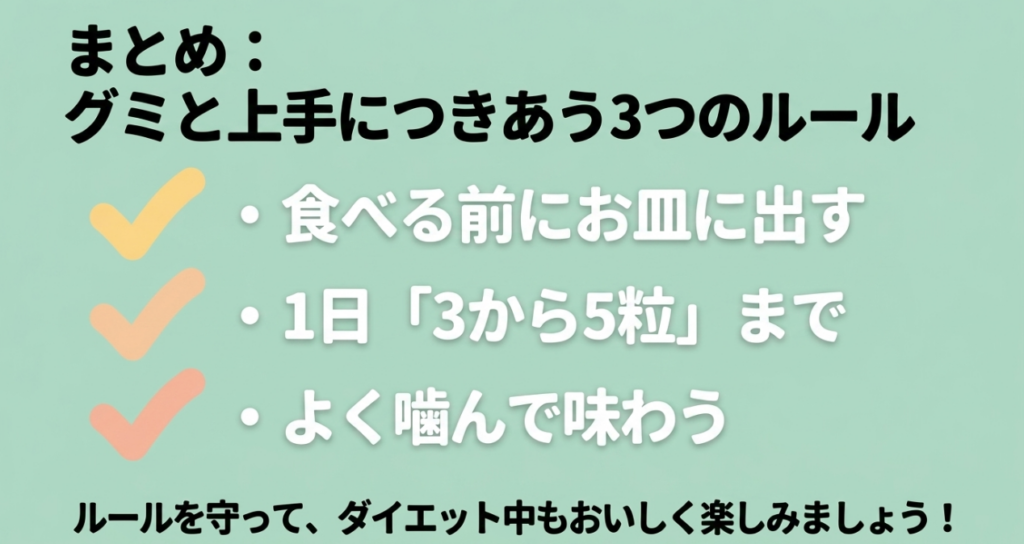 タフグミは食べる前に小皿へ出し、一日3〜5粒を目安によく噛んで味わうという3つのルール