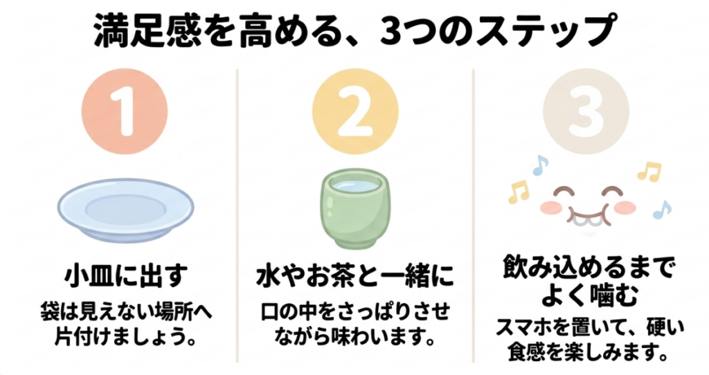 タフグミを小皿に出し、水やお茶と一緒に、飲み込めるまでよく噛んで味わう3つの食べ方