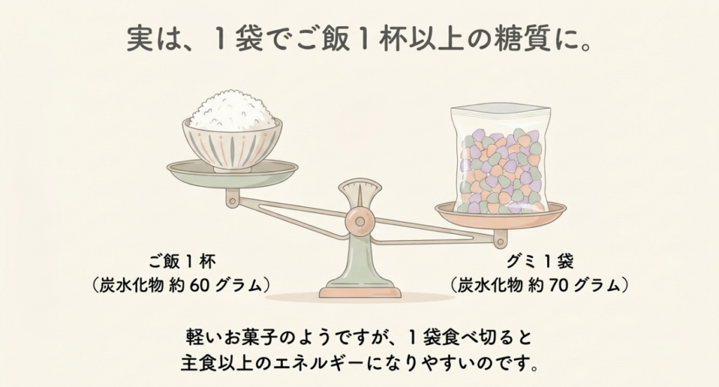 ご飯1杯の炭水化物約60グラムとつぶグミ1袋の約70グラムを天秤に載せ、つぶグミのほうが多い場合を示した比較