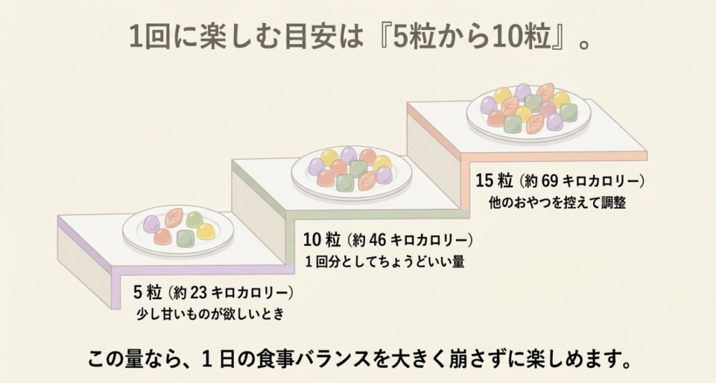 つぶグミ5粒は約23キロカロリー、10粒は約46キロカロリー、15粒は約69キロカロリーとして1回量の目安を示した図