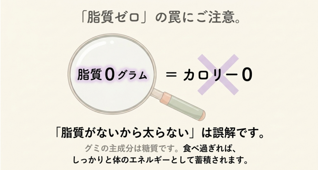 脂質0グラムとカロリー0は同じではなく、脂質がないつぶグミも食べ過ぎればエネルギーとして蓄積されることを示した注意点